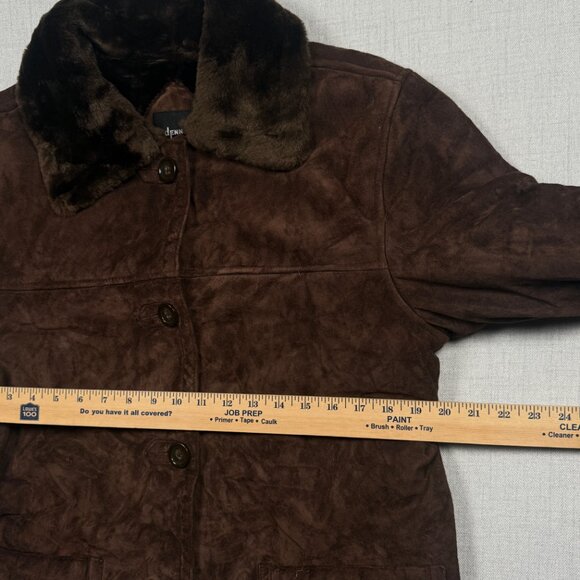 Dennis Basso Leather Coat Faux Fur Trim Button Down Dark Brown - Picture 8 of 13